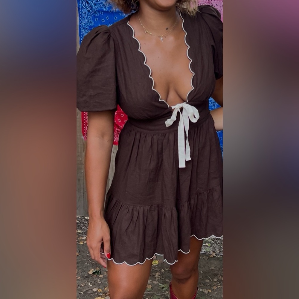 Brown Tie-Front Cotton Dress with White Trim